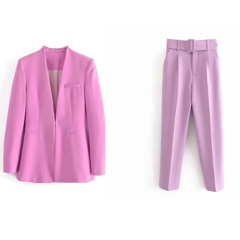 Women's Suit Set Factory - OEM New Solid-Color Pants with Belt Blazer Professional