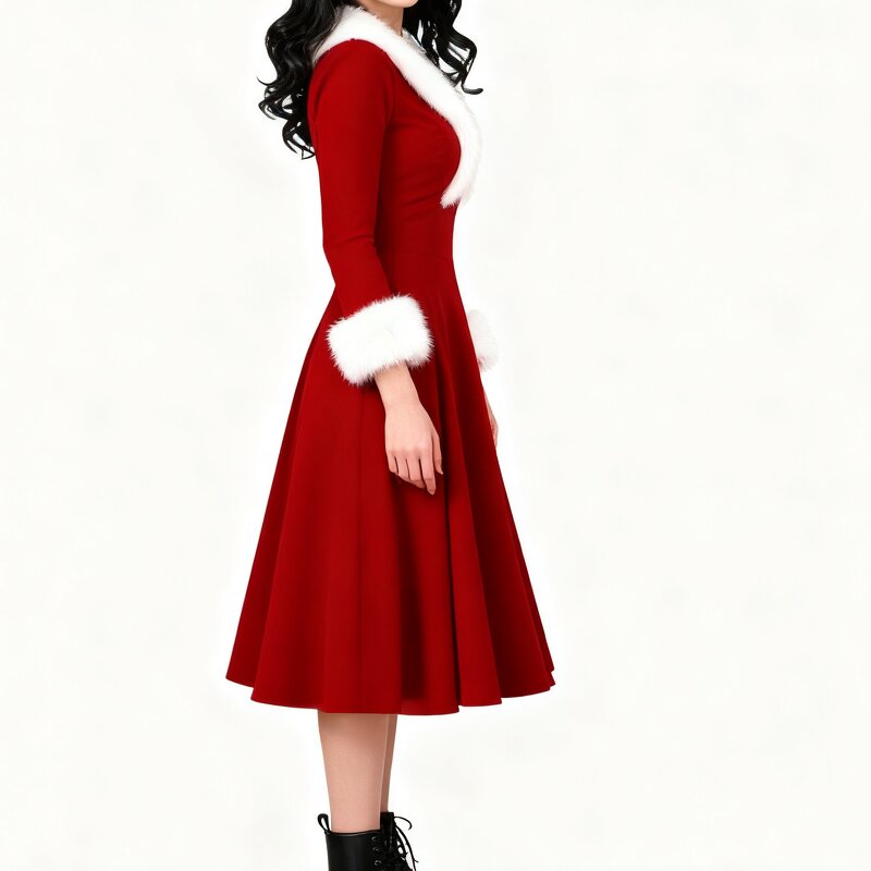 Women's Dresses Factory - OEM Christmas Long-Sleeve Fur-Collar Low-Cut Elegant