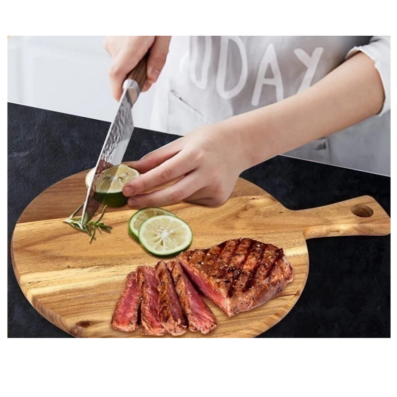 Cutting Board Factory - OEM Acacia Wood with Handle Round Cutter for Pizza Cheese