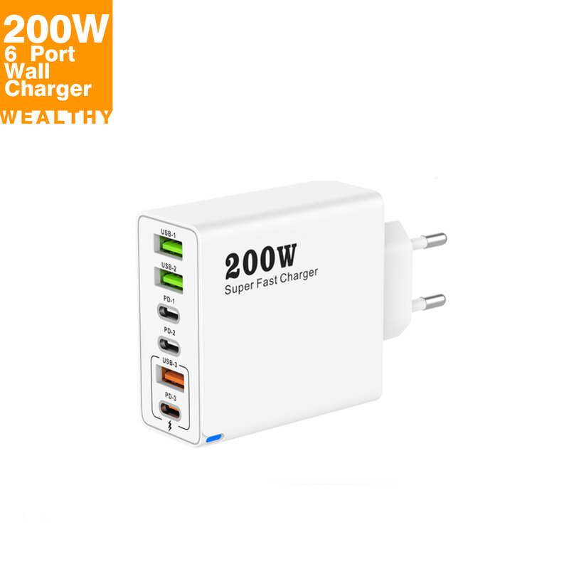 Gan Power Travel Adapter Factory - OEM/ODM 200w 6 Ports Type-c Pd 3.1 Eu Us Uk Plug