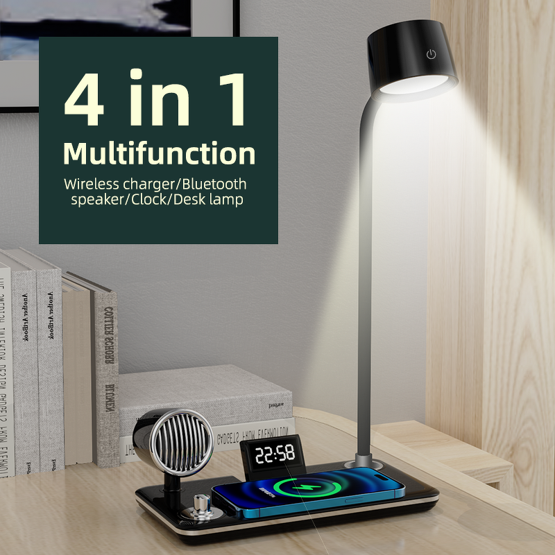 Wireless Charging Desk Lamp Factory - OEM 4 in 1 Multifunction 15W BT Speaker Clock