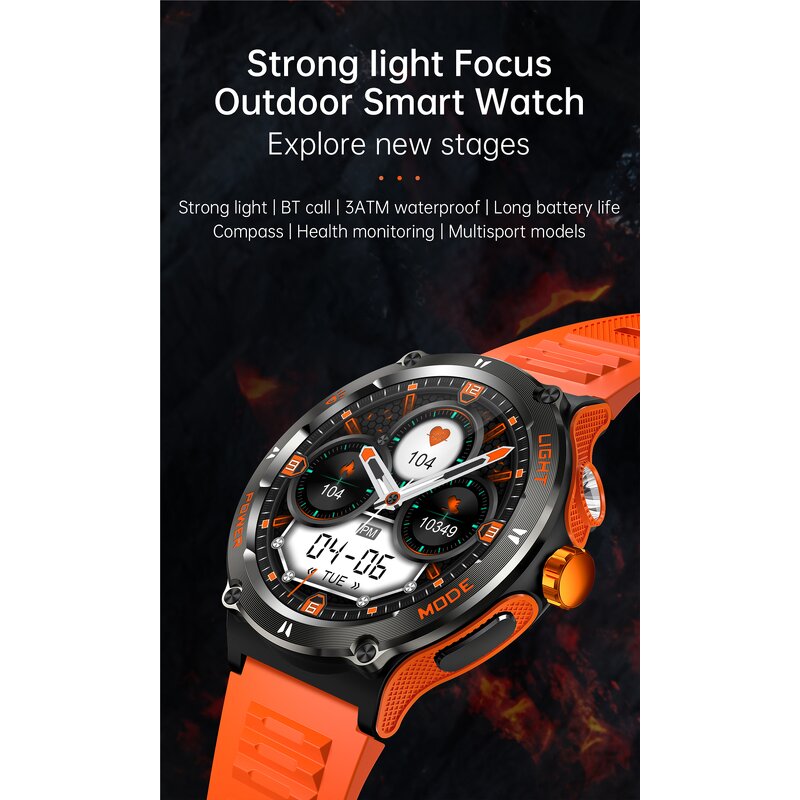 Outdoor Smart Watch Factory - OEM 1.53inch Flashlight 3ATM Compass BT Call AI Voice