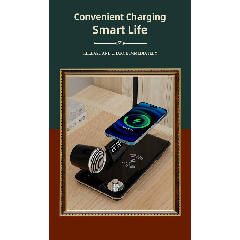Wireless Charging Desk Lamp Factory - OEM 4 in 1 Multifunction 15W BT Speaker Clock