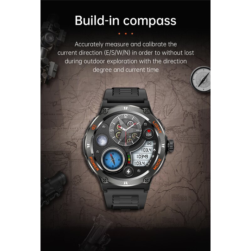 Outdoor Smart Watch Factory - OEM 1.53inch Flashlight 3ATM Compass BT Call AI Voice