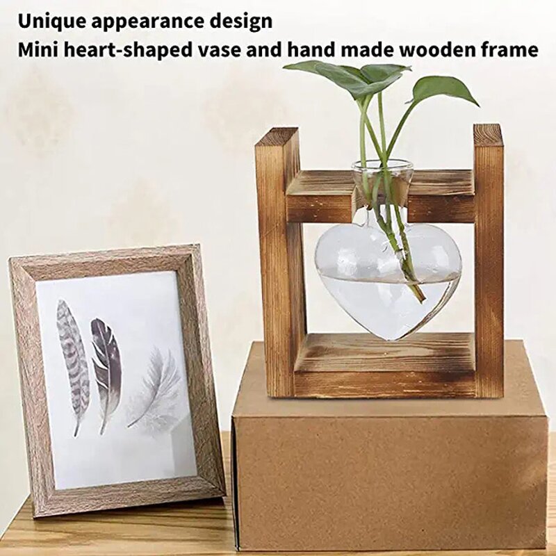 Glass Propagation Station Factory - OEM/ODM Hot with Wooden Rack Stand Heart-Shaped Vase
