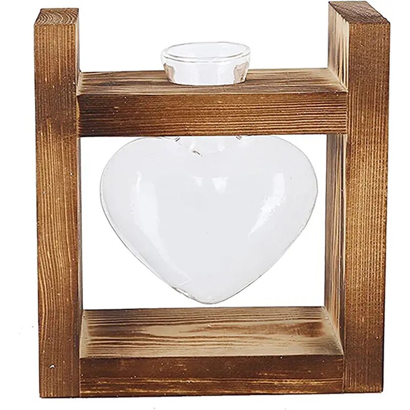 Glass Propagation Station Factory - OEM/ODM Hot with Wooden Rack Stand Heart-Shaped Vase