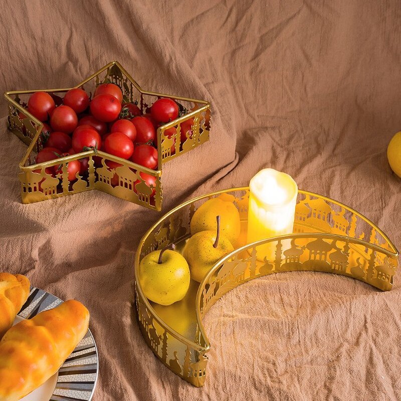 Middle Eastern Tray Factory - OEM/ODM Golden Star Moon Iron Art Home Fruit Snack Storage
