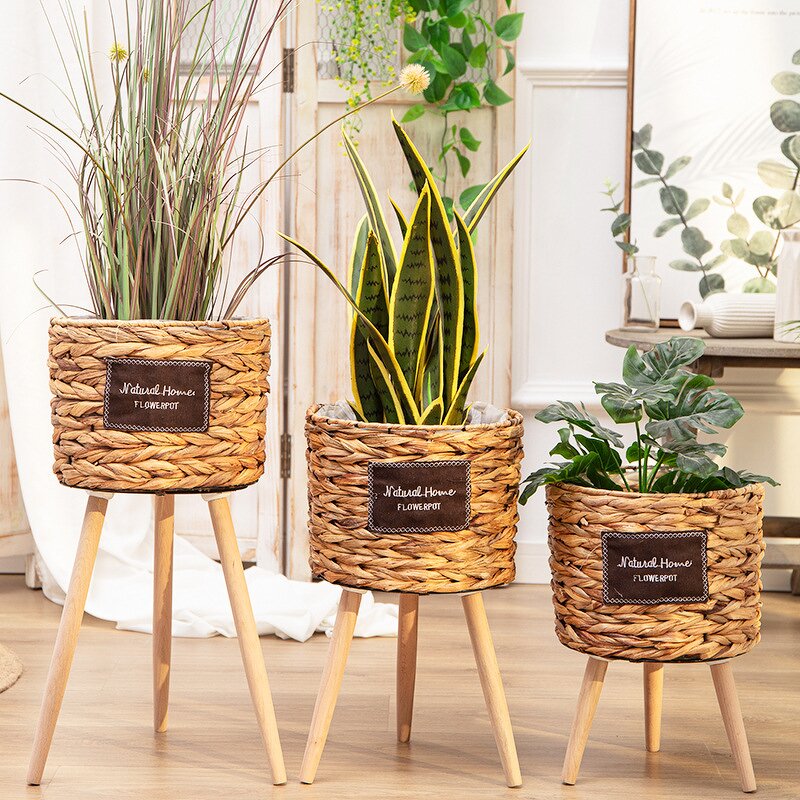 Straw Woven Basket Supplier - OEM/ODM Rattan Floor-standing Wooden High Flower Stand