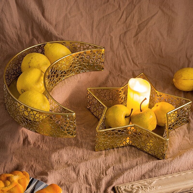 Middle Eastern Tray Factory - OEM/ODM Golden Star Moon Iron Art Home Fruit Snack Storage