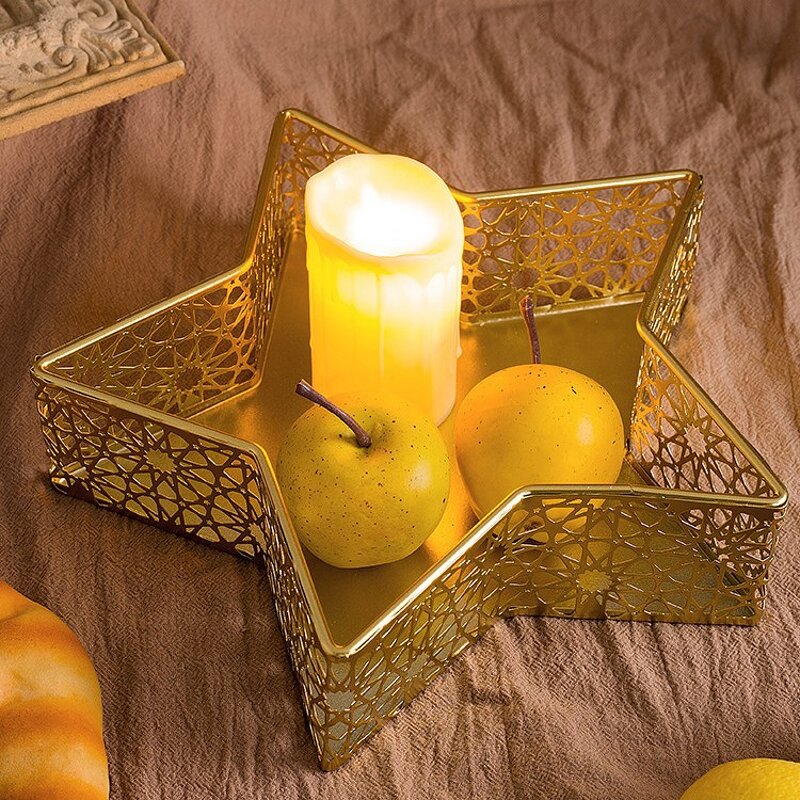 Middle Eastern Tray Factory - OEM/ODM Golden Star Moon Iron Art Home Fruit Snack Storage