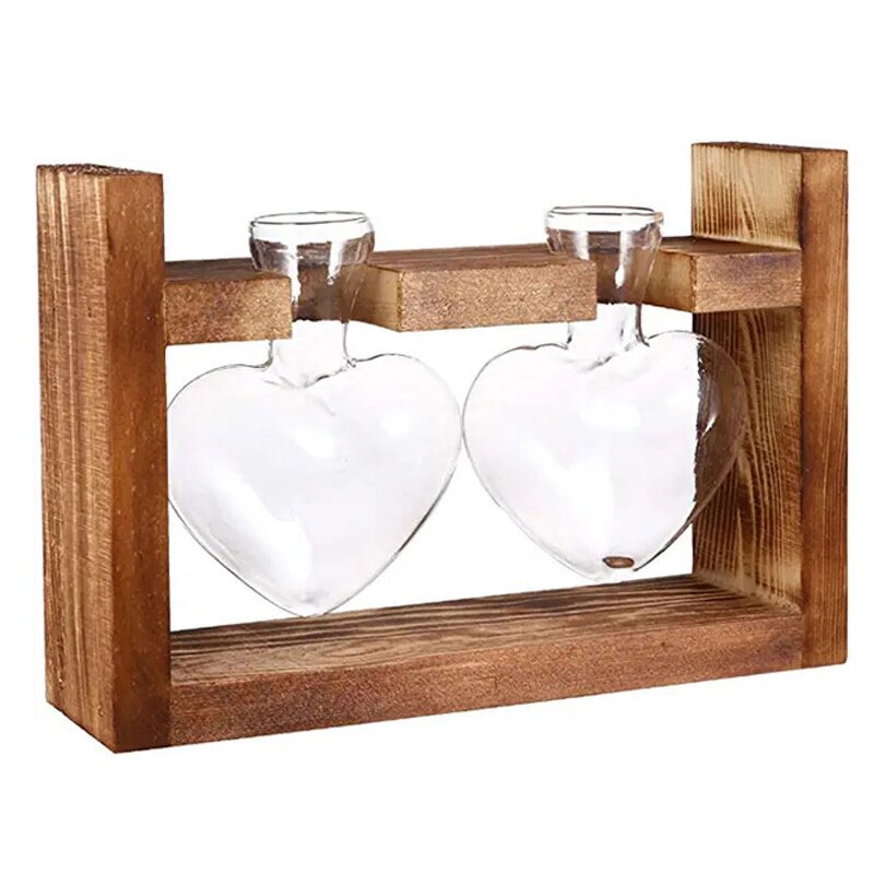 Glass Propagation Station Factory - OEM/ODM Hot with Wooden Rack Stand Heart-Shaped Vase