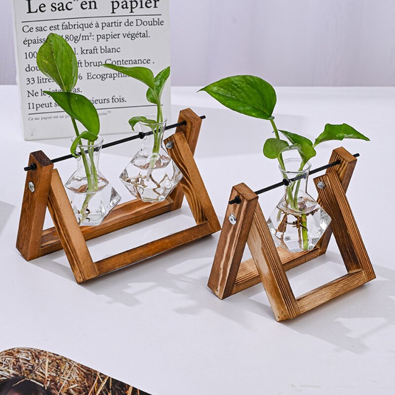 Diamond Glass Planter Supplier - OEM/ODM DS Bulb Vase with Solid Wooden Stand for Home