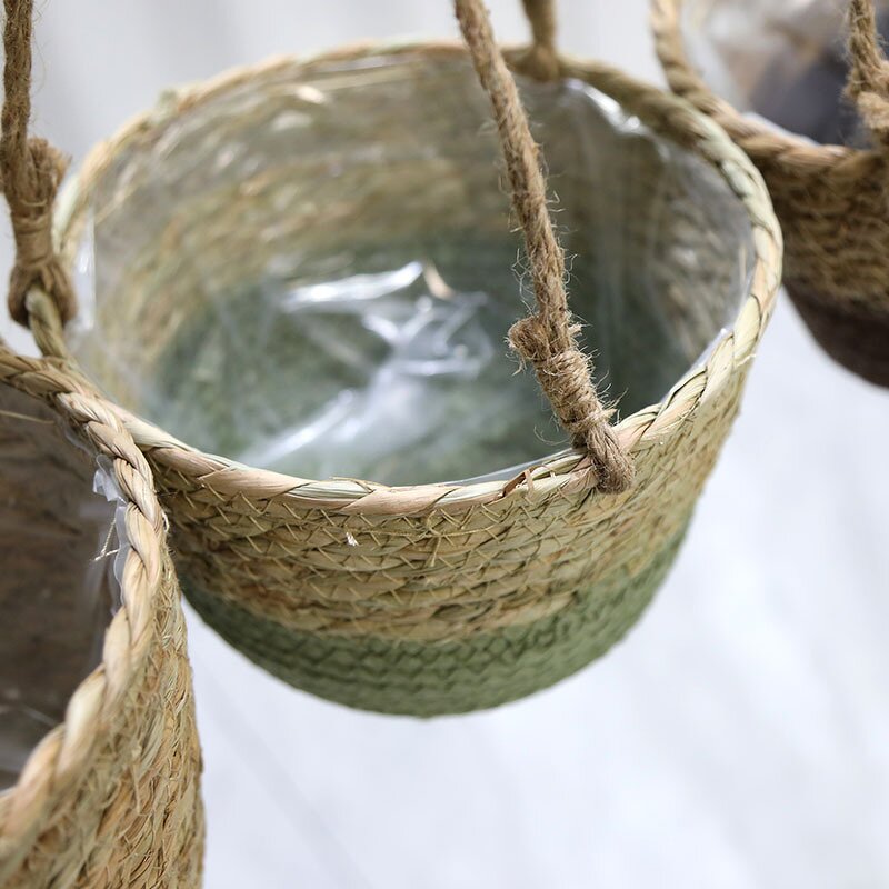 Straw Flowerpot Hanging Basket Supplier - OEM/ODM Woven Handmade Creative Green Bamboo Pot