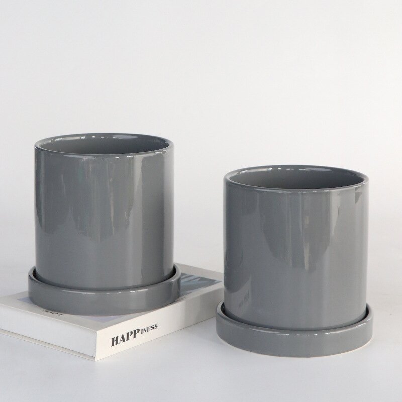 Ceramic Flowerpot Supplier - OEM/ODM with Tray Straight Cylinder Modern Minimalist Style