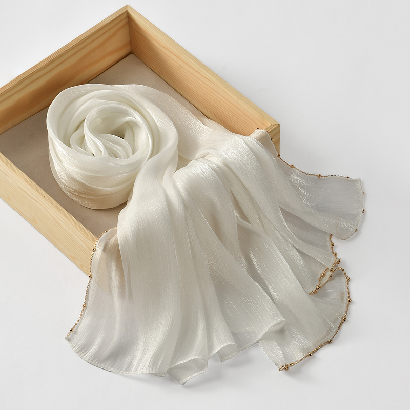 Gold Beaded Chain Hijab Manufacturer - Bulk Shimmer Solid Satin Silk Shawl