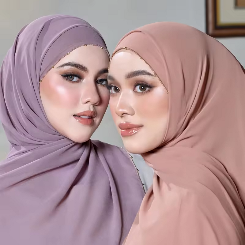 Gold Beads Borders Scarf Factory - Bulk Luxury Chiffon Arab Solid Long Scarf