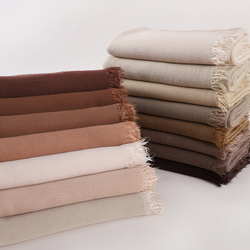 Rayon Crinkle Hijab Supplier - Bulk Solid Soft Tassel Long Scarf