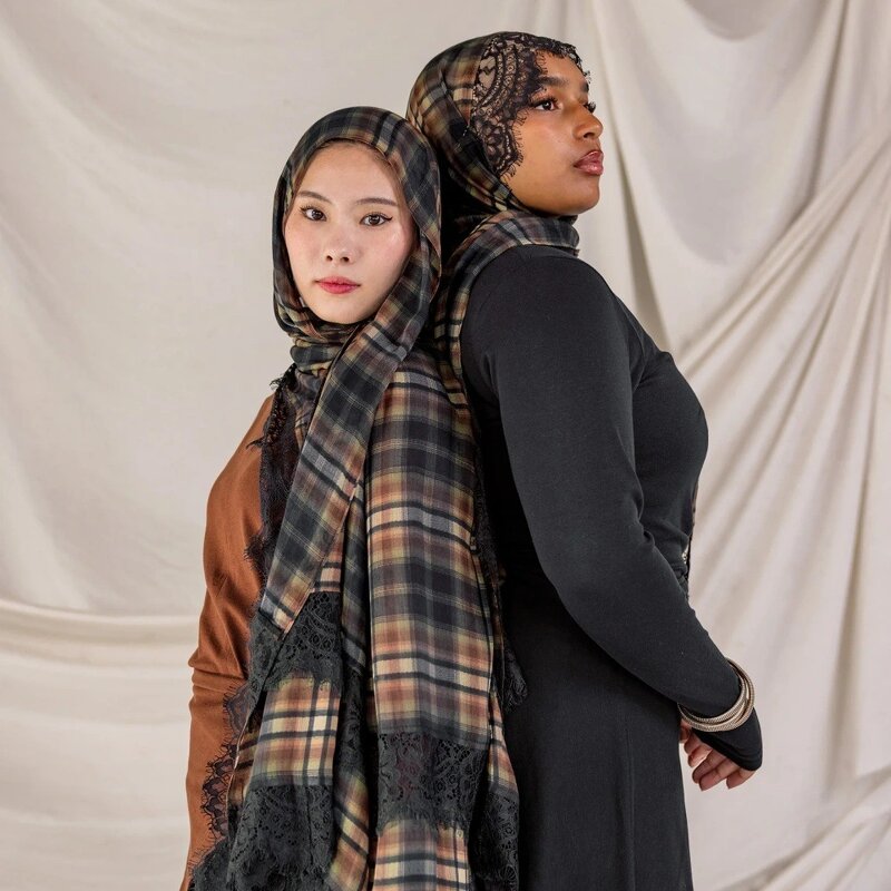 Printed Modal Hijab Manufacturer - Bulk Chantilly Plaid Lace Trim Scarf