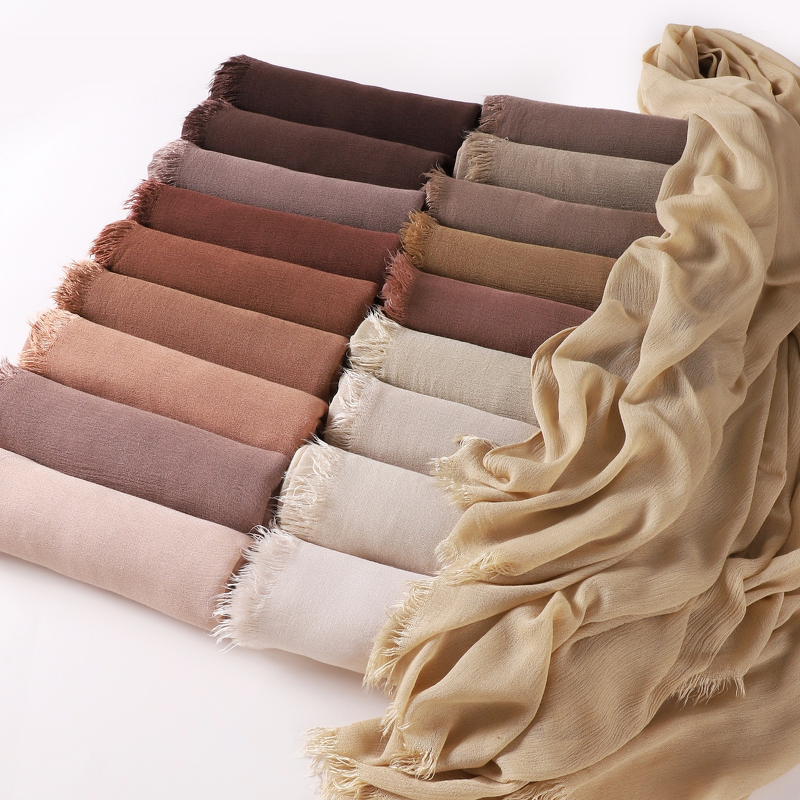 Rayon Crinkle Hijab Supplier - Bulk Solid Soft Tassel Long Scarf