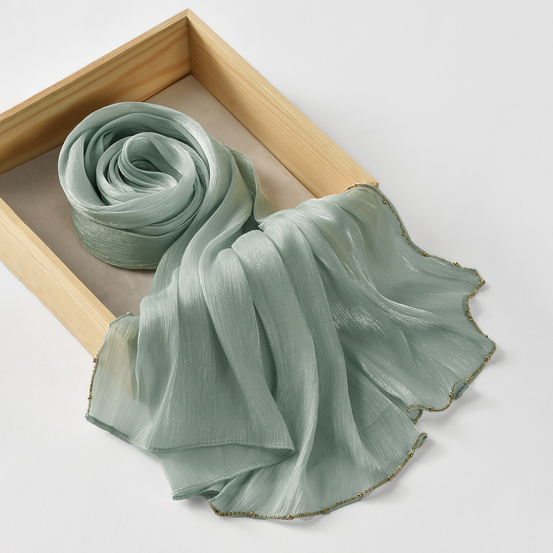 Gold Beaded Chain Hijab Manufacturer - Bulk Shimmer Solid Satin Silk Shawl