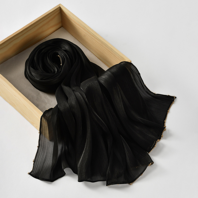 Gold Beaded Chain Hijab Manufacturer - Bulk Shimmer Solid Satin Silk Shawl