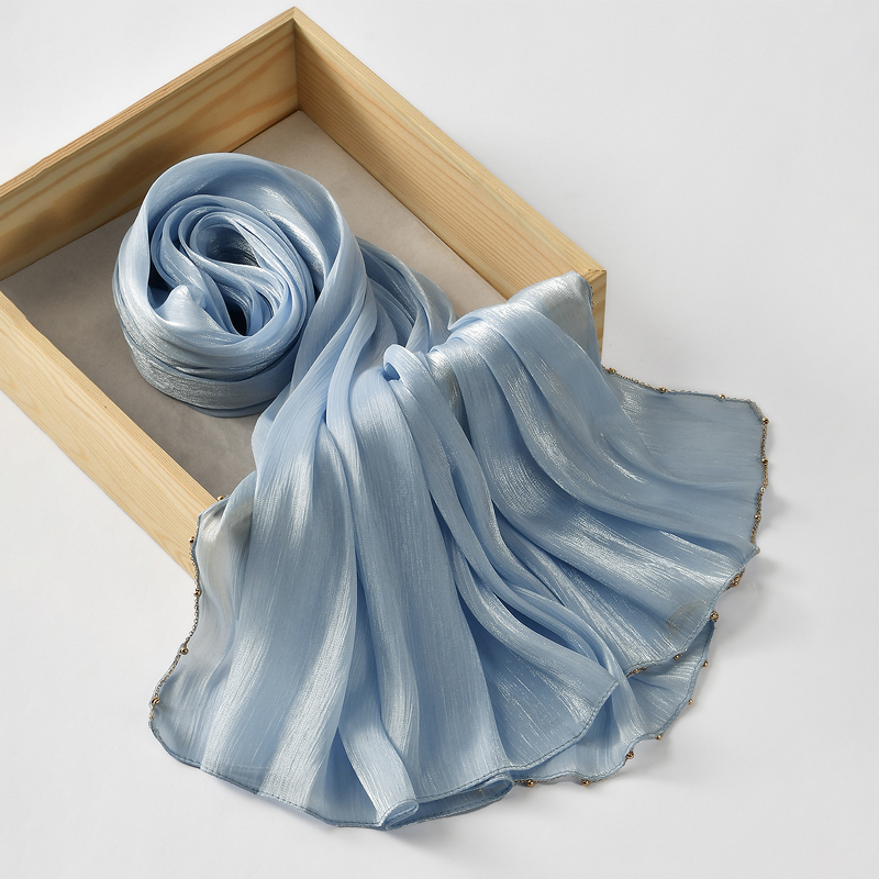 Gold Beaded Chain Hijab Manufacturer - Bulk Shimmer Solid Satin Silk Shawl