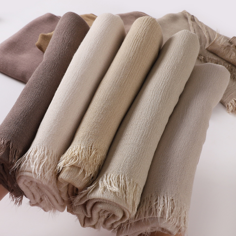 Rayon Crinkle Hijab Supplier - Bulk Solid Soft Tassel Long Scarf
