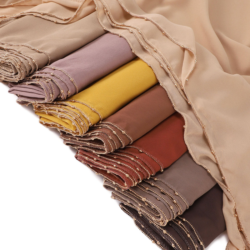 Gold Beads Borders Scarf Factory - Bulk Luxury Chiffon Arab Solid Long Scarf