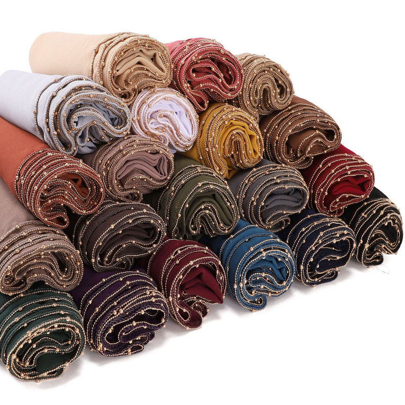 Gold Beads Borders Scarf Factory - Bulk Luxury Chiffon Arab Solid Long Scarf