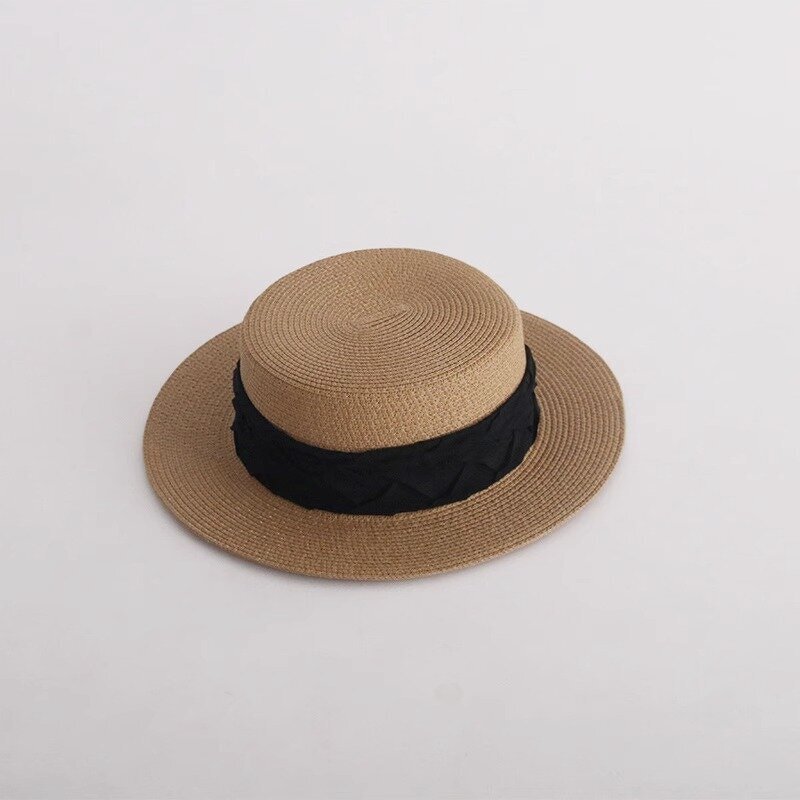 Pearl Satin Straw Hat Supplier - Summer Elegant Beach Travel Sun protection French Flat Top