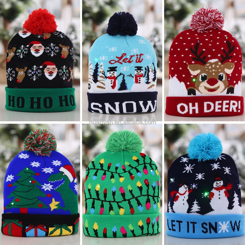 LED Light Christmas Hat Manufacturer - Wholesale Warm Snowman and Tree Jacquard Mommy and Me