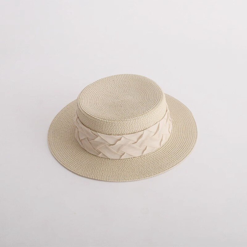 Pearl Satin Straw Hat Supplier - Summer Elegant Beach Travel Sun protection French Flat Top