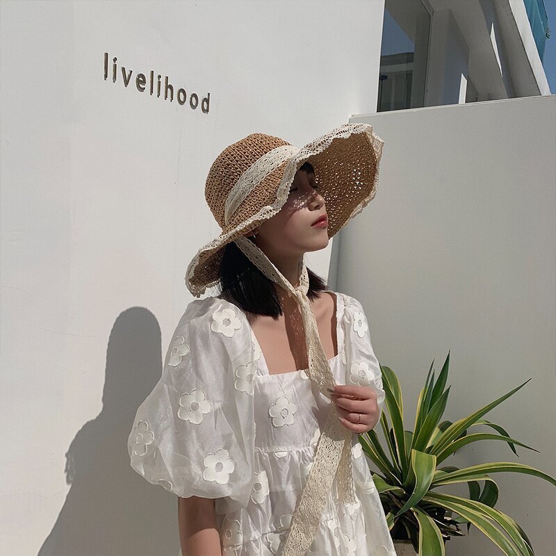 Beach Straw Hats Supplier - Wholesale Summer Sun protection Large Brim with Streamers Shading UV