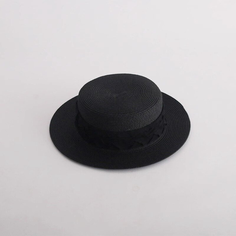 Pearl Satin Straw Hat Supplier - Summer Elegant Beach Travel Sun protection French Flat Top