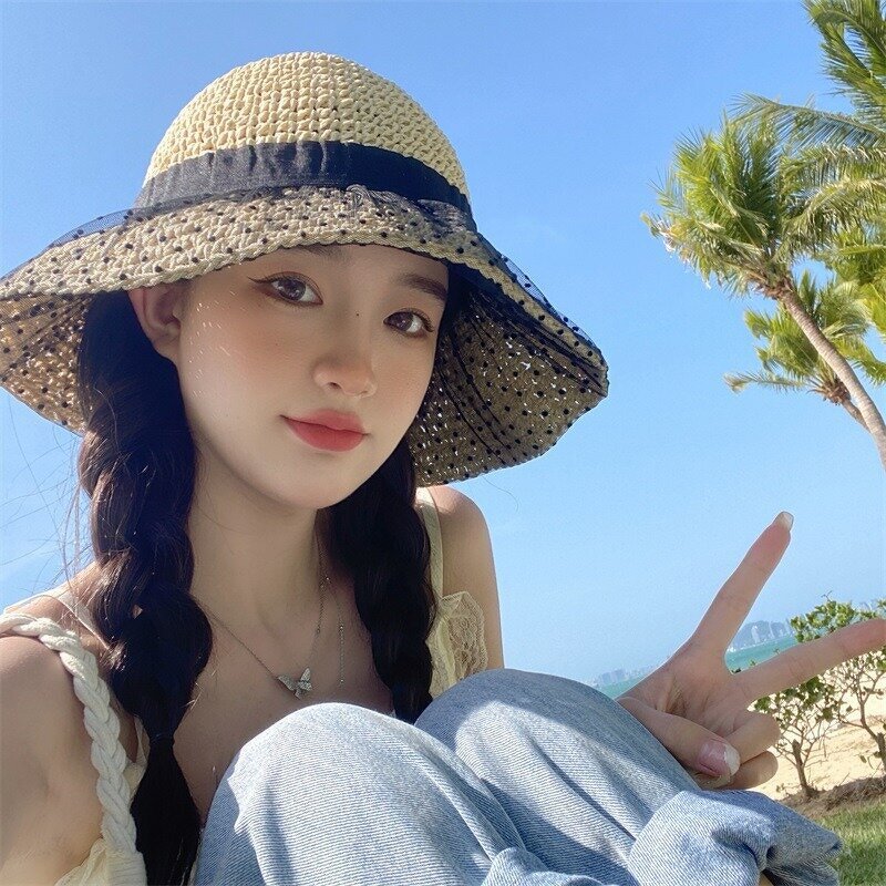 Solid Color Straw Hat Manufacturer - Summer Beach Holiday Big Brim Bow Braided Sun protection