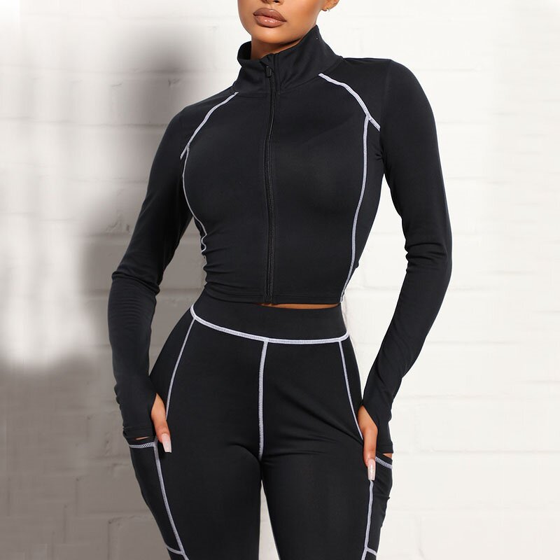 Yoga Set Factory - Three-piece Winter Long-sleeved Bra Pants Crop Jacket