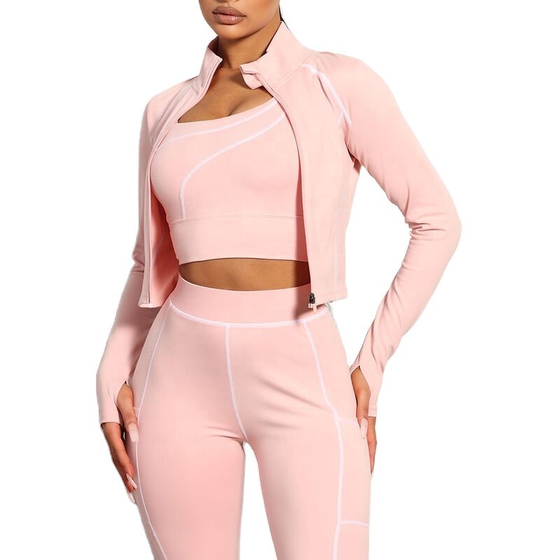 Yoga Set Factory - Three-piece Winter Long-sleeved Bra Pants Crop Jacket