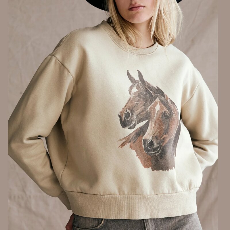 Fleece Lined Sweatshirt Supplier - Daily Wear Equestrian Print Loose Fit Plus Velvet