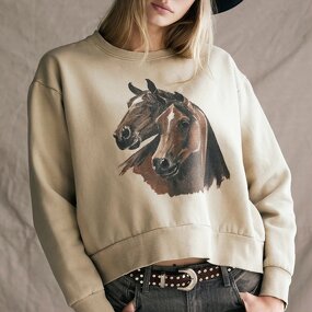 Fleece Lined Sweatshirt Supplier - Daily Wear Equestrian Print Loose Fit Plus Velvet