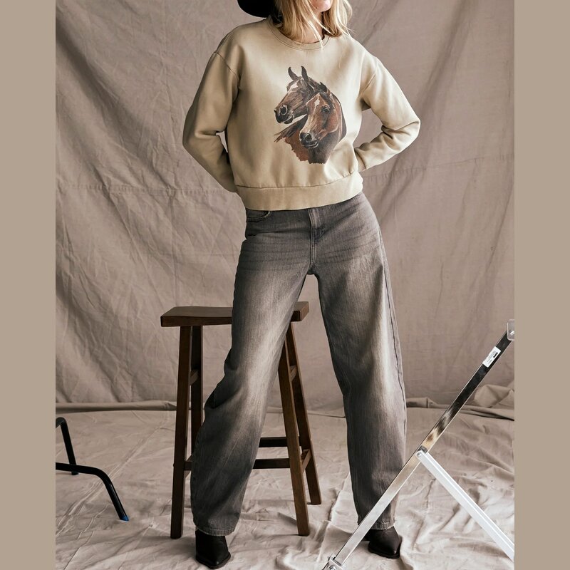 Fleece Lined Sweatshirt Supplier - Daily Wear Equestrian Print Loose Fit Plus Velvet