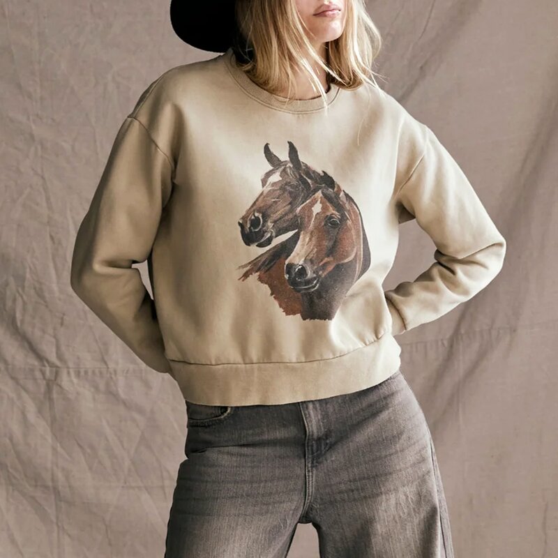 Fleece Lined Sweatshirt Supplier - Daily Wear Equestrian Print Loose Fit Plus Velvet