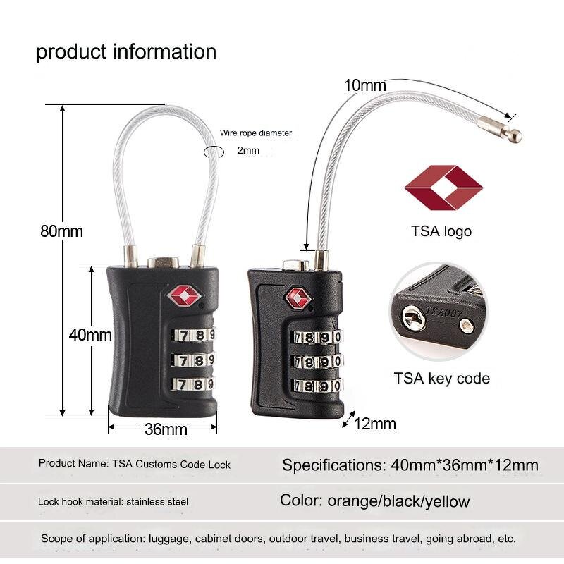 TSA Password Padlock Supplier - New TSA716 Customs 3-digit Steel Cable
