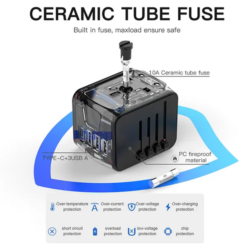 Universal Travel Adaptor Factory - OEM Fireproof 4 USB Type C AC Power with UK EU AU US Plug