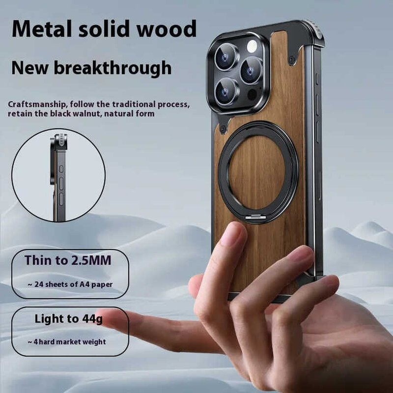 Phone Case Manufacturer - OEM Walnut Wood Magnetic Frameless with Rotate Ring Stand