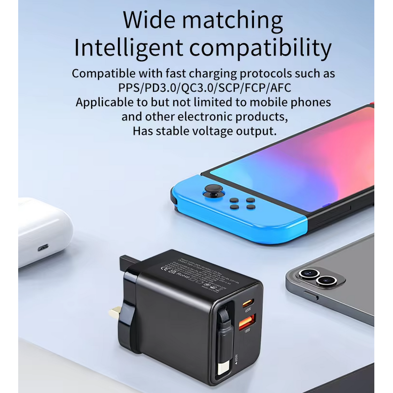 Wall Charger Supplier - OEM CE Certified 65W Fast 3-Port USB with Retractable Type C Cable