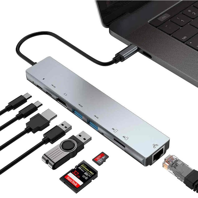 USB Type C Hub Manufacturer - OEM 8 in 1 Multi Function Adapter for MacBook Pro Windows Laptops