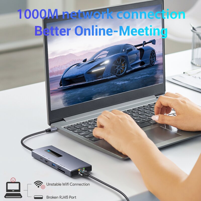 USB Type C Hub Manufacturer - OEM 2024 New 10 in 1 with Light RJ45 1000m Usb c 3.0