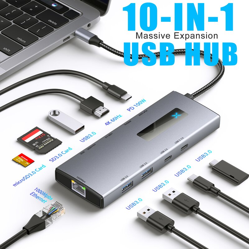 USB Type C Hub Manufacturer - OEM 2024 New 10 in 1 with Light RJ45 1000m Usb c 3.0