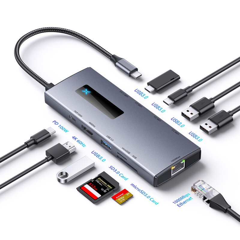 USB Type C Hub Manufacturer - OEM 2024 New 10 in 1 with Light RJ45 1000m Usb c 3.0