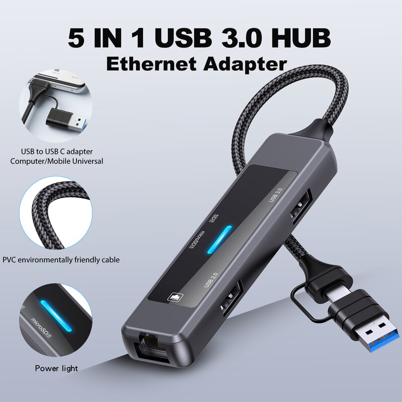 USB C Hub Supplier - OEM 5 in 1 Docking Station With RJ45 100M USB-C 3.0 2.0 SD TF Port
